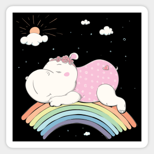 Lovely cute hippo is sleeping on a rainbow Sticker